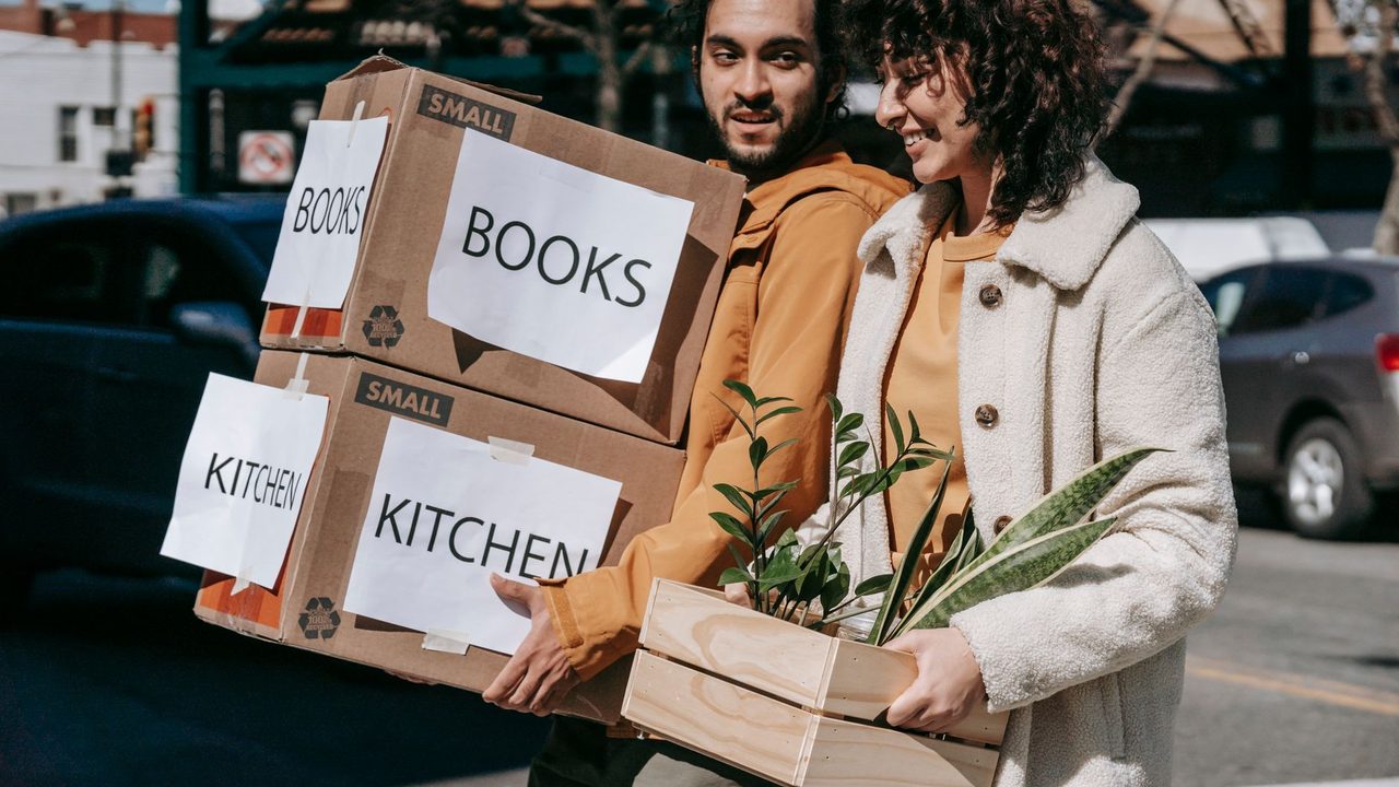Joyful couple carrying boxes and plants while relocating to a new neighborhood on a sunny day.